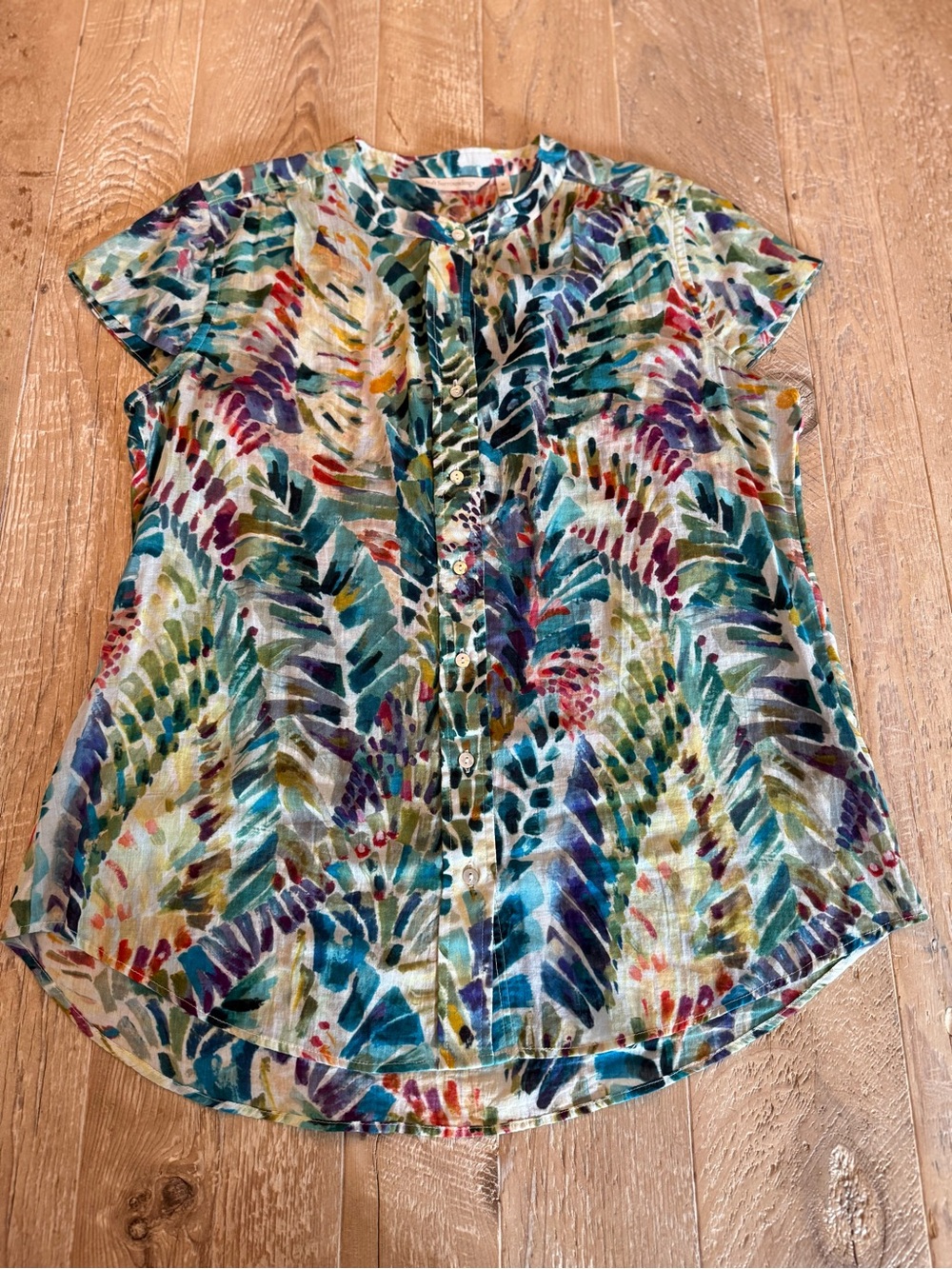 Soft Surroundings Anthea Multicolor Hawaiian Palm Theme Blouse Size M